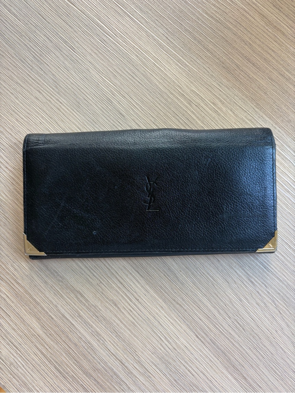 Saint Laurent Black Leather Continental Wallet with Gold Corner Hardware